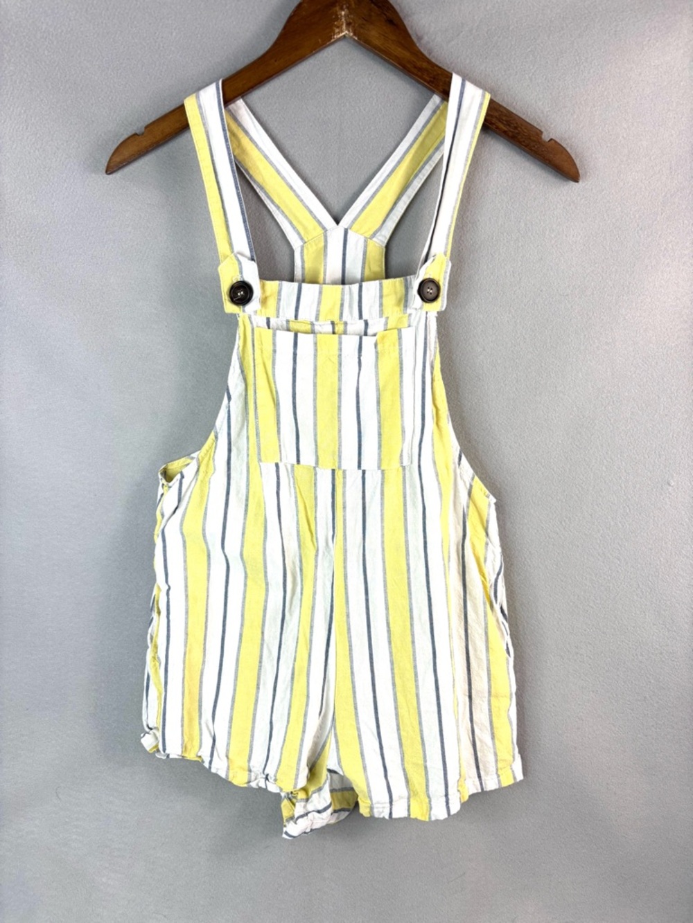 Forever 21 Cotton Striped Pocketed Romper Overalls in Yellow White & Gray